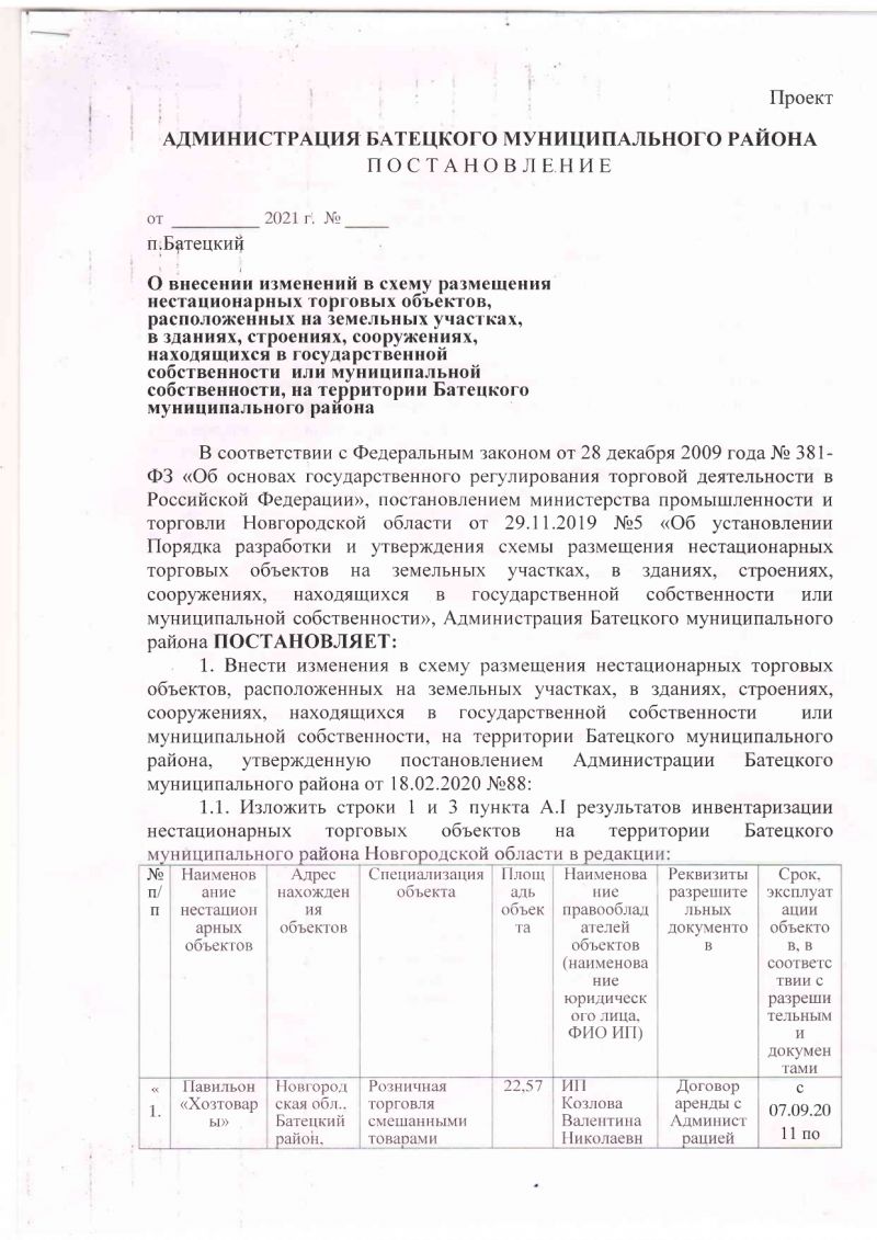 Проект постановления Администрации Батецкого муниципального района &laquo;О внесении изменений в схему размещения нестационарных торговых объектов, расположенных на земельных участках, в зданиях, строениях, сооружениях, находящихся в государственной собственности  или муниципальной собственности, на территории Батецкого муниципального района&raquo;