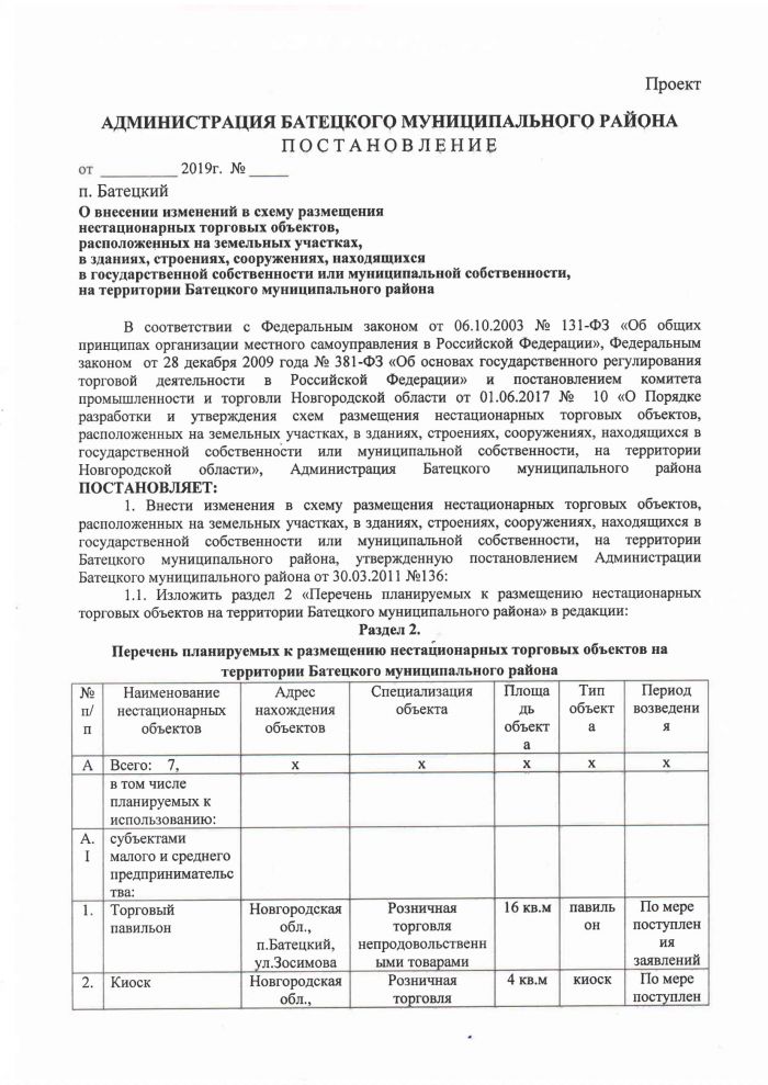 Проект постановления О внесении изменений в схему размещения нестационарных торговых объектов, расположенных на земельных участках, в зданиях, строениях, сооружениях, находящихся в государственной собственности или муниципальной собственности, на территории Батецкого муниципального образования. 