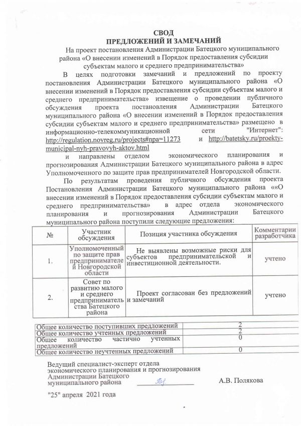 Сводка предложений и замечаний на проект постановления Администрации Батецкого муниципального района &laquo;О внесении изменений в Порядок предоставления субсидии субъектам малого и среднего предпринимательства&raquo;