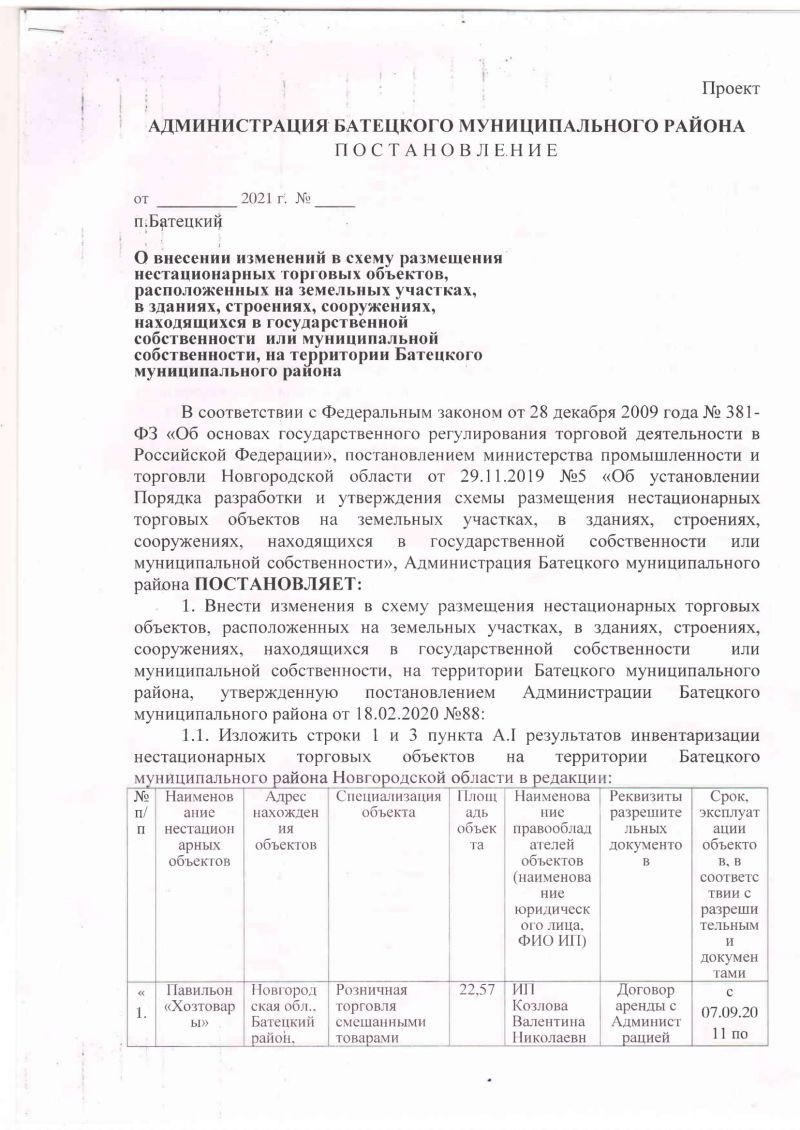 Проект постановления О внесении изменений в схему размещения нестационарных торговых объектов, расположенных на земельных участках, в зданиях, строениях, сооружениях, находящихся в государственной собственности или  муниципальной собственности, на территории Батецкого муниципального района