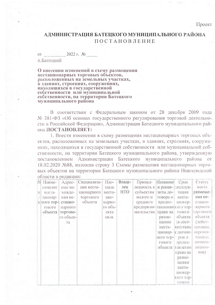 Проект постановления Администрации Батецкого муниципального района «О внесении изменений в схему размещения нестационарных торговых объектов, расположенных на земельных участках, в зданиях, строениях, сооружениях, находящихся в государственной собственности или муниципальной собственности, на территории Батецкого муниципального района»