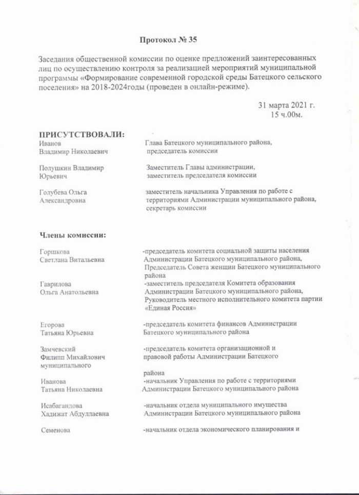 Протокол № 35 Заседания общественной комиссии по оценке предложений заинтересованных лиц по осуществлению контроля за реализацией мероприятий муниципальной программы "Формирование современной городской среды Батецкого сельского поселения" на 2018-2024 годы (проведен в онлайн-режиме) от 31.03.2021