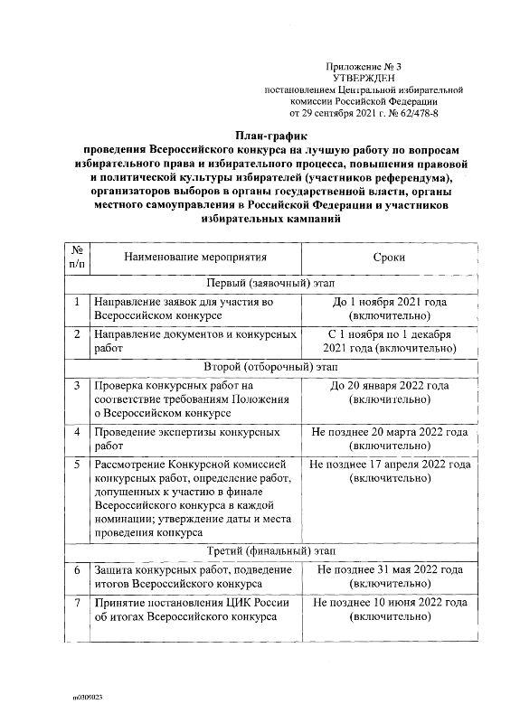 Постановление от 29.09.2021г. № 62/478-8 О проведении Всероссийского конкурса на лучшую работу по вопросам избирательного права и избирательного процесса, повышения правовой и политической культуры избирателей (участников референдума), организаторов выборов в органы государственной власти, органы местного самоуправления в Российской Федерации и участников избирательных кампаний