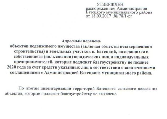 Распоряжение №78/1-рг от 18.09.2017 О результатах инвентаризации дворовых территорий и территорий общего пользования п. Батецкий