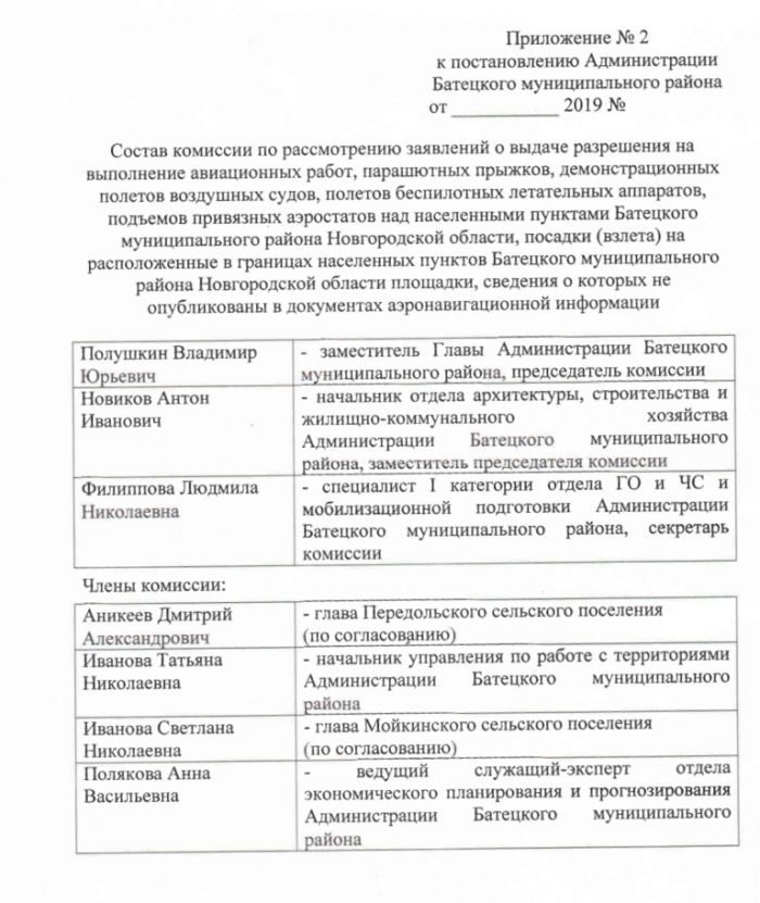 Проект постановления Администрации Батецкого муниципального района  &laquo;Об утверждении Положения о выдаче разрешения на выполнение авиационных работ, парашютных прыжков, демонстрационных полетов воздушных судов, полетов беспилотных летательных аппаратов, подъемов привязных аэростатов над населенными пунктами Батецкого муниципального района Новгородской области, посадки (взлета) на расположенные в границах населенных пунктов Батецкого муниципального района Новгородской области площадки, сведения о которых не опубликованы в документах аэронавигационной информации&raquo;